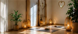 Studio lumineux avec tapis, plantes et lanternes