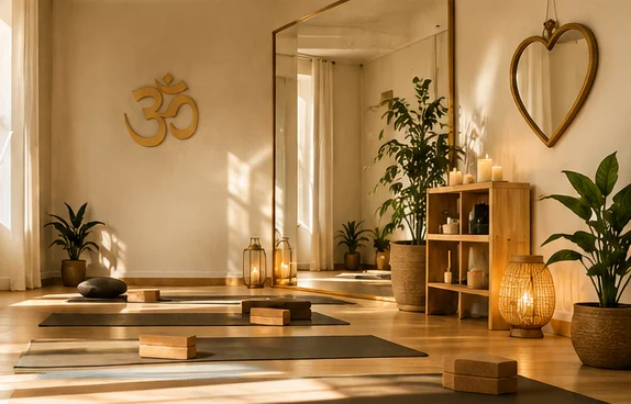 Salle de yoga baignée de lumière dorée, tapis et briques en liège, plantes et bougies